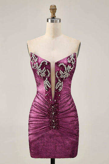 Wine Strapless Ruched Bodycon Homecoming Dress with Rhinestones